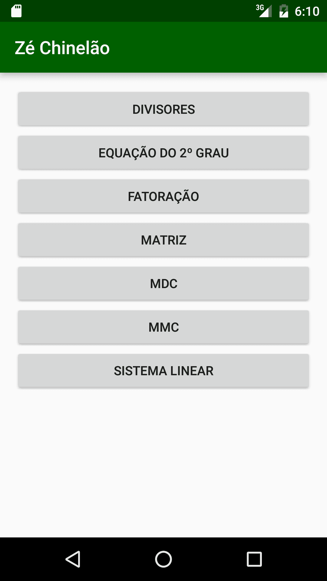 Menu principal com as funções matemáticas disponíveis