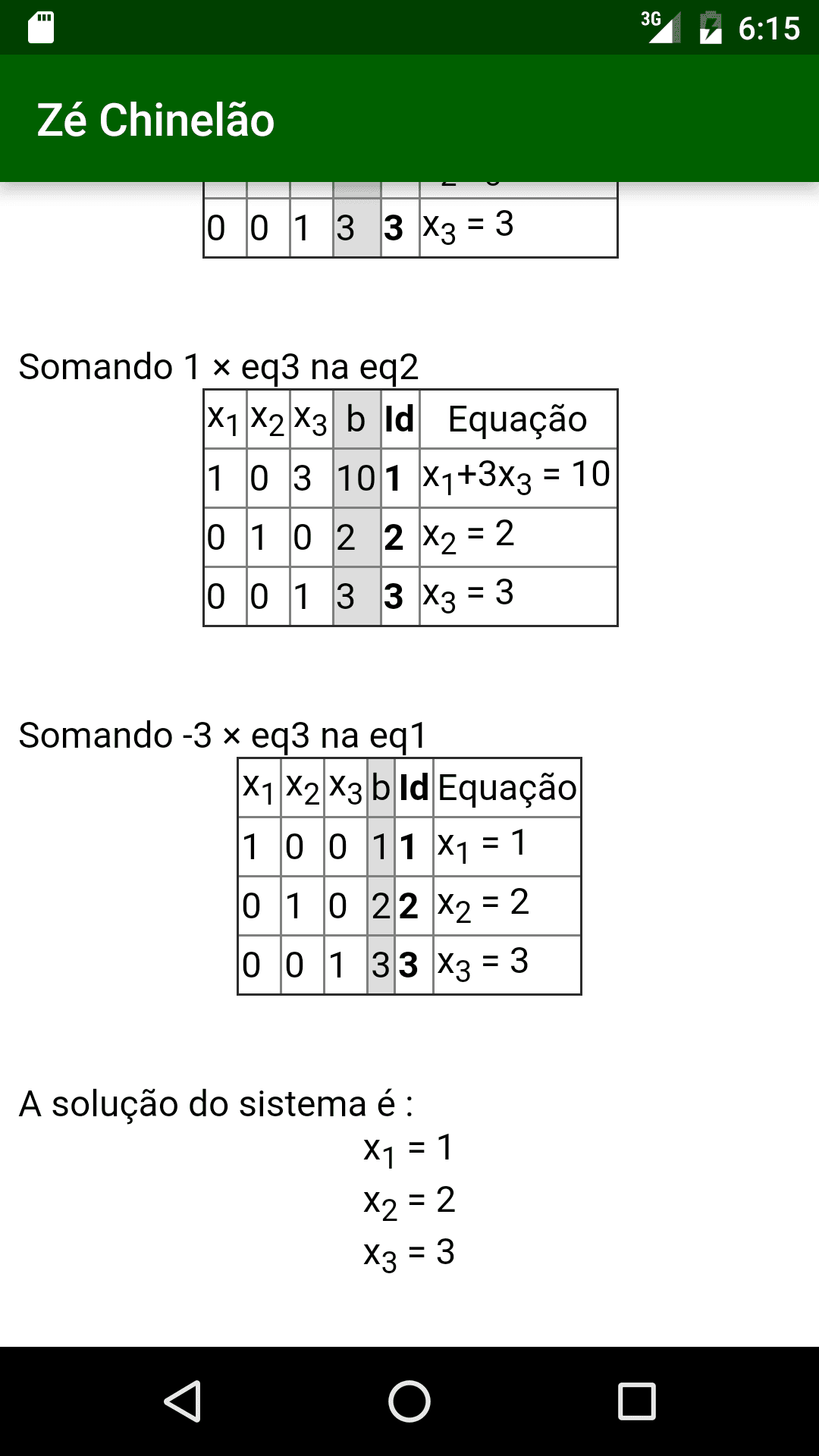 Exibição da solução passo a passo de um sistema linear